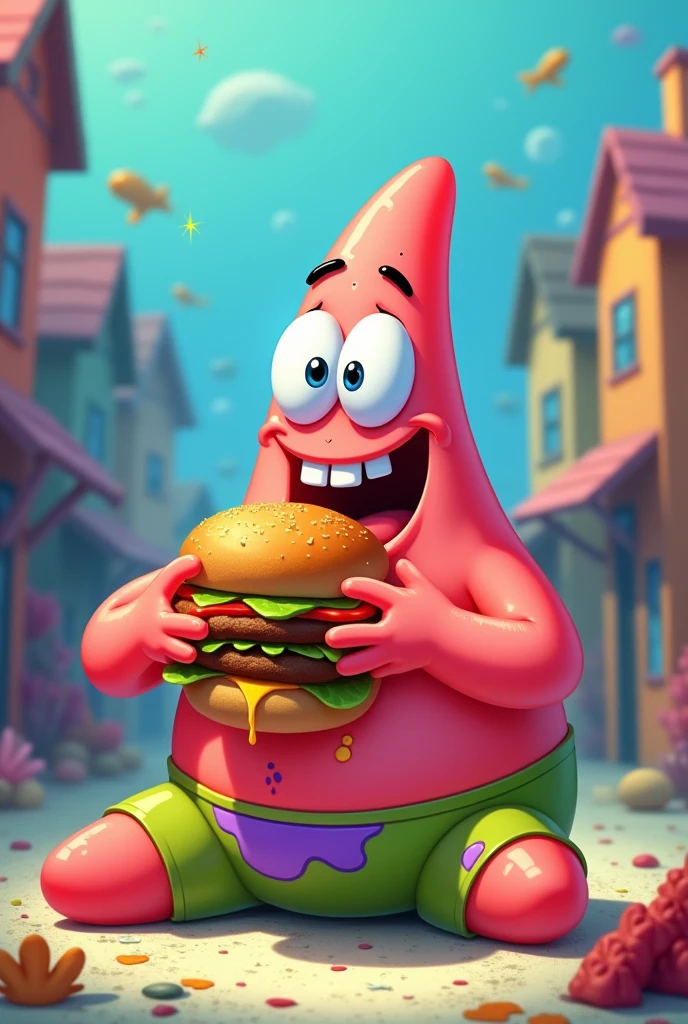 Patrick Star eating a hamburger