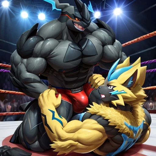 2 characters, zeraora, zekrom, huge muscle, wrestling, crushing, sweaty, bulge, wrestling ring