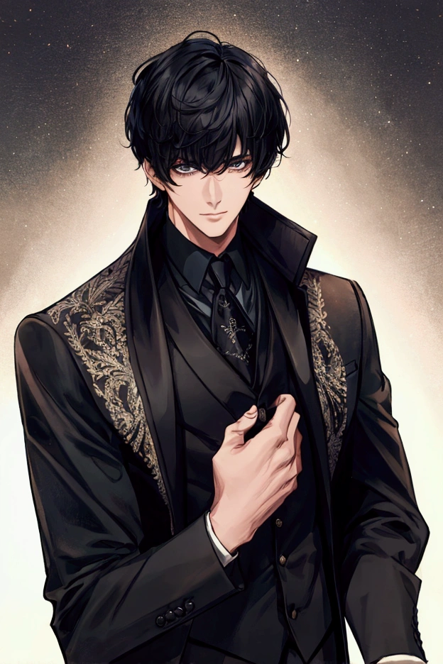 Guy, black hair, fluffy and short hair, has bangs, wears a fancy suit, half body, high quality, handsome