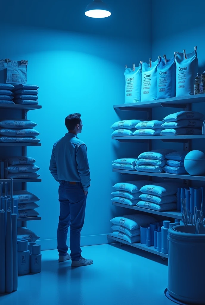 In a home improvement store with a blue color theme, A person (Gender, age and physical characteristics to be defined) is in front of a shelf organized with bags of cement, all with visible labels indicating the types: CPI, CPII, CPIII, CPIV and CPV. The scene is bathed in a soft blue light, which gives a monochromatic tone to the scene. The shelves and surrounding environment also follow the same blue color scheme., creating a serene and modern atmosphere. The person holds one of the bags of cement, pondering the choice, while the other bags are slightly illuminated, highlighting your different options. Ao fundo, elements such as tools and other building materials also appear in shades of blue, composing a harmonious image and focused on choosing between the different types of cement.