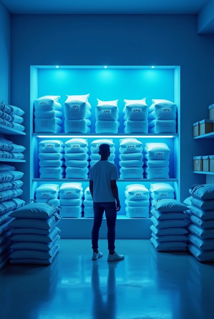 In a home improvement store with a blue color theme, A person (Gender, age and physical characteristics to be defined) is in front of a shelf organized with bags of cement, all with visible labels indicating the types: CPI, CPII, CPIII, CPIV and CPV. The scene is bathed in a soft blue light, which gives a monochromatic tone to the scene. The shelves and surrounding environment also follow the same blue color scheme., creating a serene and modern atmosphere. The person holds one of the bags of cement, pondering the choice, while the other bags are slightly illuminated, highlighting your different options. Ao fundo, elements such as tools and other building materials also appear in shades of blue, composing a harmonious image and focused on choosing between the different types of cement.






