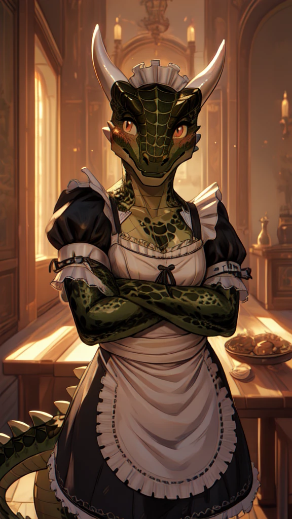 anime, hdr, soft light, ((best quality)), ((masterpiece)), (detailed), lustyargonian, maid, colored skin, green skin, tail, horns, (scales:1.2), (snout, animal nose:1.1), blush, embarrassed, (looking at viewer:1.1), cowboy shot,  (sexy pose:1.5), mansion,(naked:1.2), (nsfw:0.35)