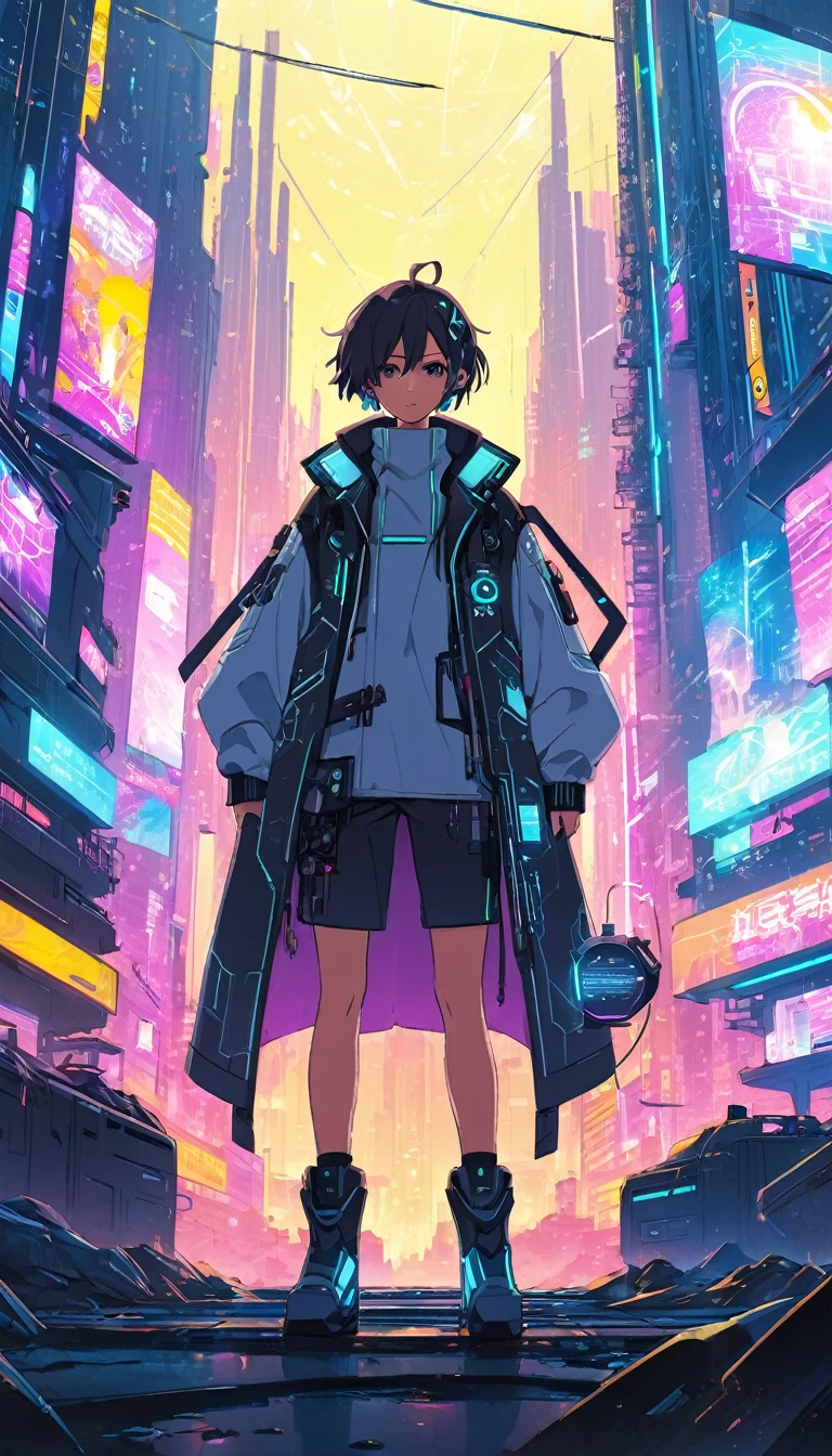 anime - style image of a man standing in front of a futuristic city, digital cyberpunk anime art, amazing wallpaper, anime art wallpaper 8 k, digital cyberpunk - anime art, makoto shinkai cyril rolando, anime style 4 k, 4k anime wallpaper, full portrait of electromancer, anime wallpaper 4k, anime wallpaper 4 k