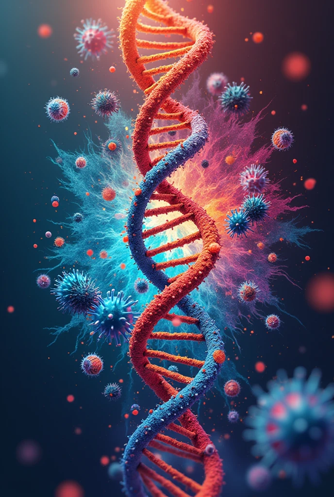 A type of logo or circular image that represents the career of biochemistry and biotechnology. It may be a DNA, with some protein, and bacteria or microorganisms together in the image, that everything is related as if for a propaganda photo. That it has molecular things like a virus too. bright colors
