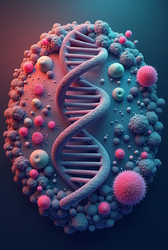 A type of logo or circular image that represents the career of biochemistry and biotechnology. It may be a DNA, with some protein, and bacteria or microorganisms together in the image, that everything is related as if for a propaganda photo. That it has molecular things like a virus too. bright colors