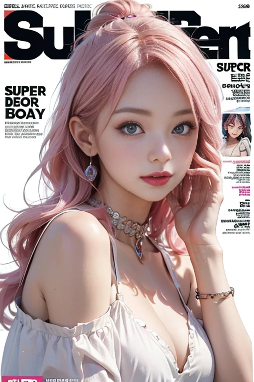 Best quality, Works of masters, A high resolution, 1girl, Super beautiful face, super beautiful eye, Super beautiful pink hair,(MagazineCover:1.2),Trendy outfits,Expose shoulders,18yo beautiful girl,super kpop dancer model,