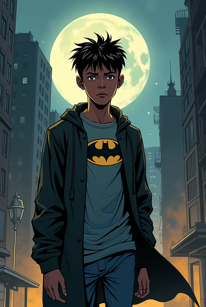 It's a comic in the style of Batman comics and Batman is in it The title is: No to discrimination The protagonist is a dark-skinned student boy but he is just a student, He doesn't have a suit. The environment would be urban.