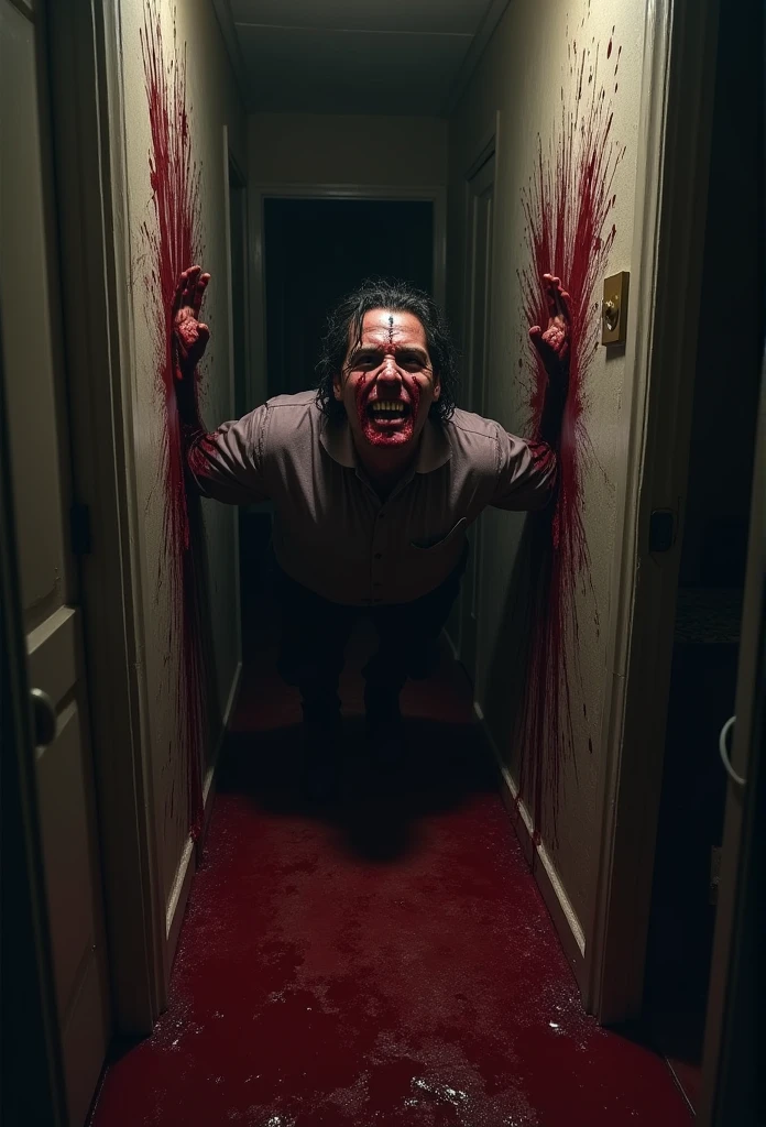 a staring from down a dark hall in his home hallway with a gruesome bloody face coming out of the wall behind him, gore, nightmare