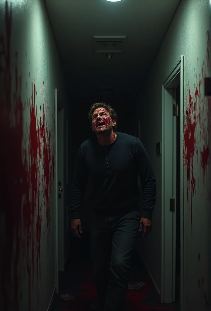 a  staring from down a dark hall in his home hallway with a gruesome bloody face coming out of the wall behind him, gore, nightmare 