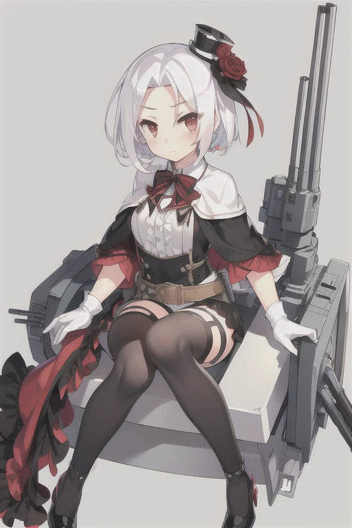 Vittorio_Veneto \(warship girls r\),((masterpiece)),(((best quality))),((ultra-detailed)),((illustration)),((disheveled hair)),((frills)),(1 girl),(solo),1girl,bangs,belt,black footwear,black gloves,black legwear,blush,breasts,cannon,capelet,gloves,gradient,looking at viewer,machinery,miniskirt,multicolored clothes,red eyes,rigging,shirt,shoes,sitting,skirt,solo,thighhighs,turret,very short hair,white hair,