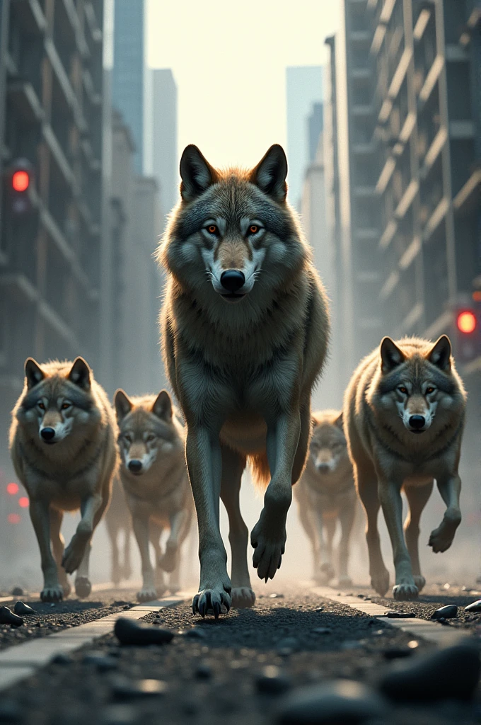 Pack in the city with alpha wolf leading