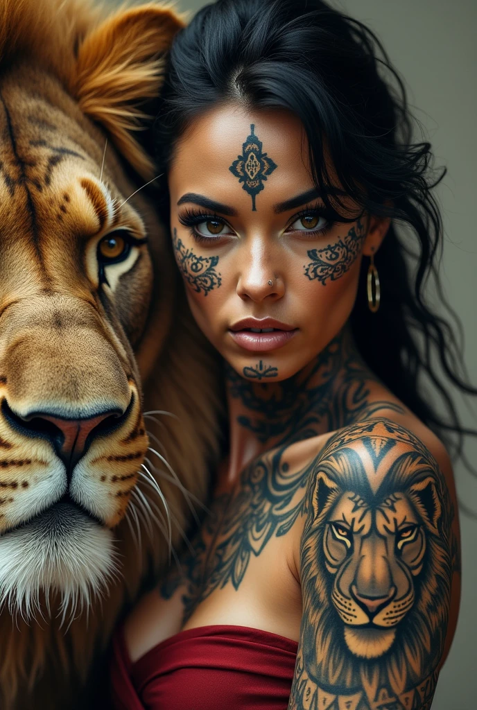 American woman with Chicano tattoos on face and body and lion Facial tattoos in text Lions are real
