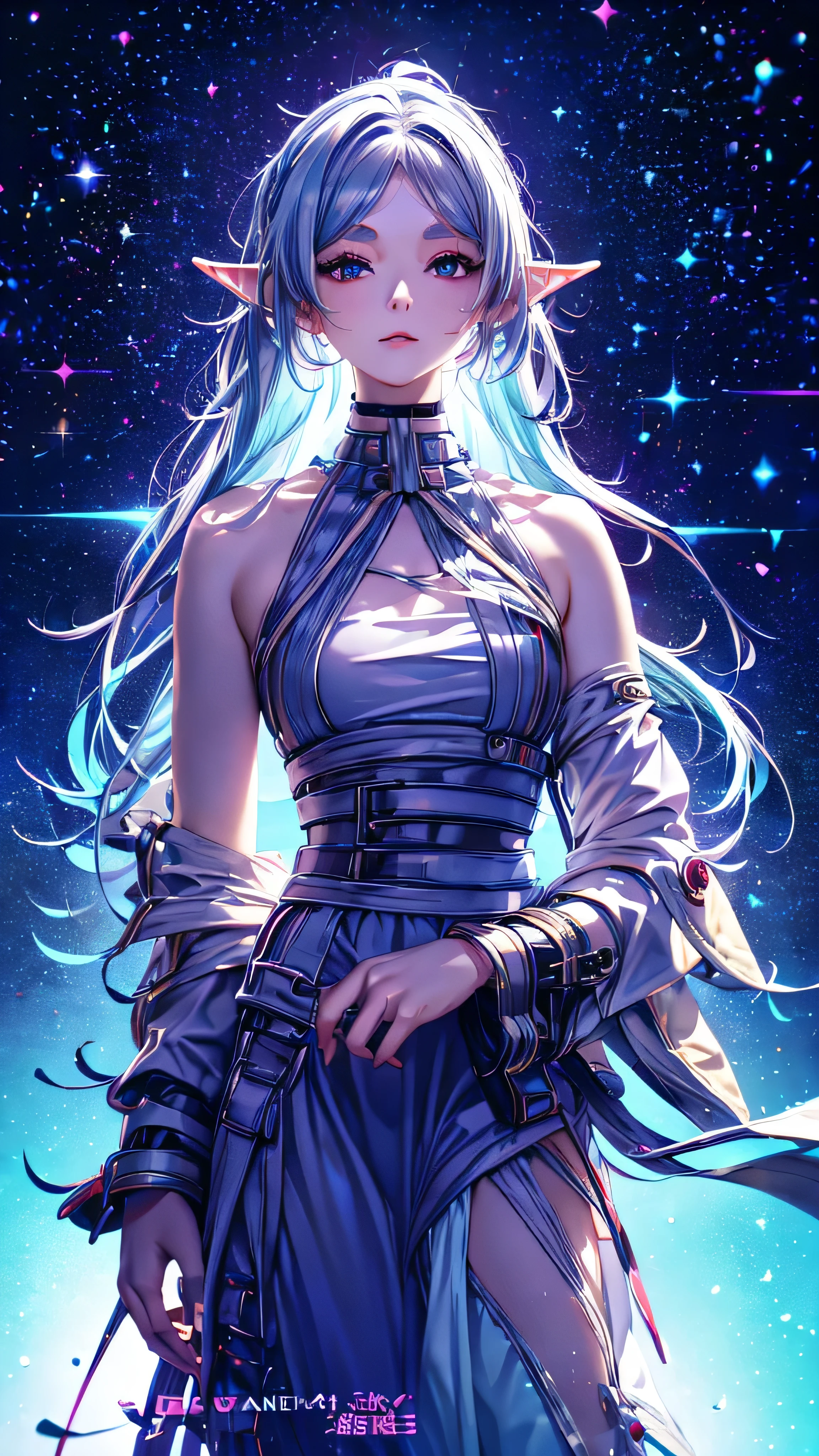 1 person, 20-year-old girl, One person, (Silver Hair), Long pointed ears、Elf、(Gradient sky blue hair tip:1.6), hair, Ridiculously long hair, Single Side Lock, Wavy Hair, Shine髪, Floating Hair, (Fantastic deep purple eyes), Delicate eyes, Aqua Eye, Very fine eye, Long upper eyelashes, ((Glowing Eyes)), compensate, Focus on the face, Highly detailed facial, Pretty face, Perfect breasts, Hot body, (Delicate skin texture:1.2), break, White extra long skirt, Fashion Clothing, necklace, Technical clothing masterpiece, on the road, Gazing at the starry sky, meteor, cyber punk, Detailed Background, The perfect layered cut, clean focus, (magazine:1.3), (Cover Style:1.3), Octane Rendering, Tyndall effect, Real, Dark studio, Side light, 2-color illumination, realism, Chiaroscuro, (Shine光), Shine, Ray Tracing, Cinema Lighting, Futurism, Motion Blur, Atmospheric perspective, Depth of written boundary, Bokeh, Highest quality, 超High resolution, Super Detail, masterpiece, High resolution, Accurate, retina, Anatomically correct