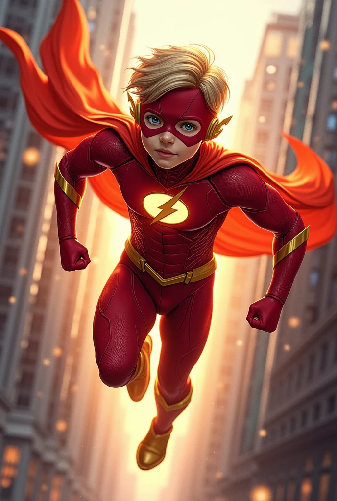 The son of Flash and Supergirl, adolescent, with a fused suit of both superheroes, and with a cape