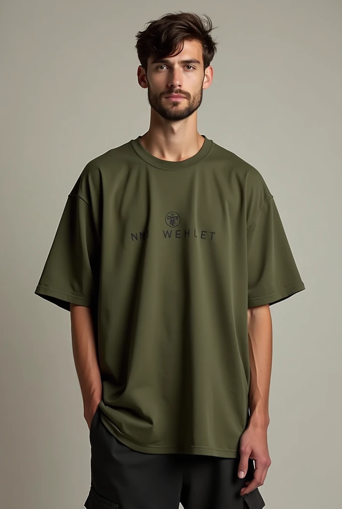 Create clothing store catalog image, Men's military green oversized t-shirt.