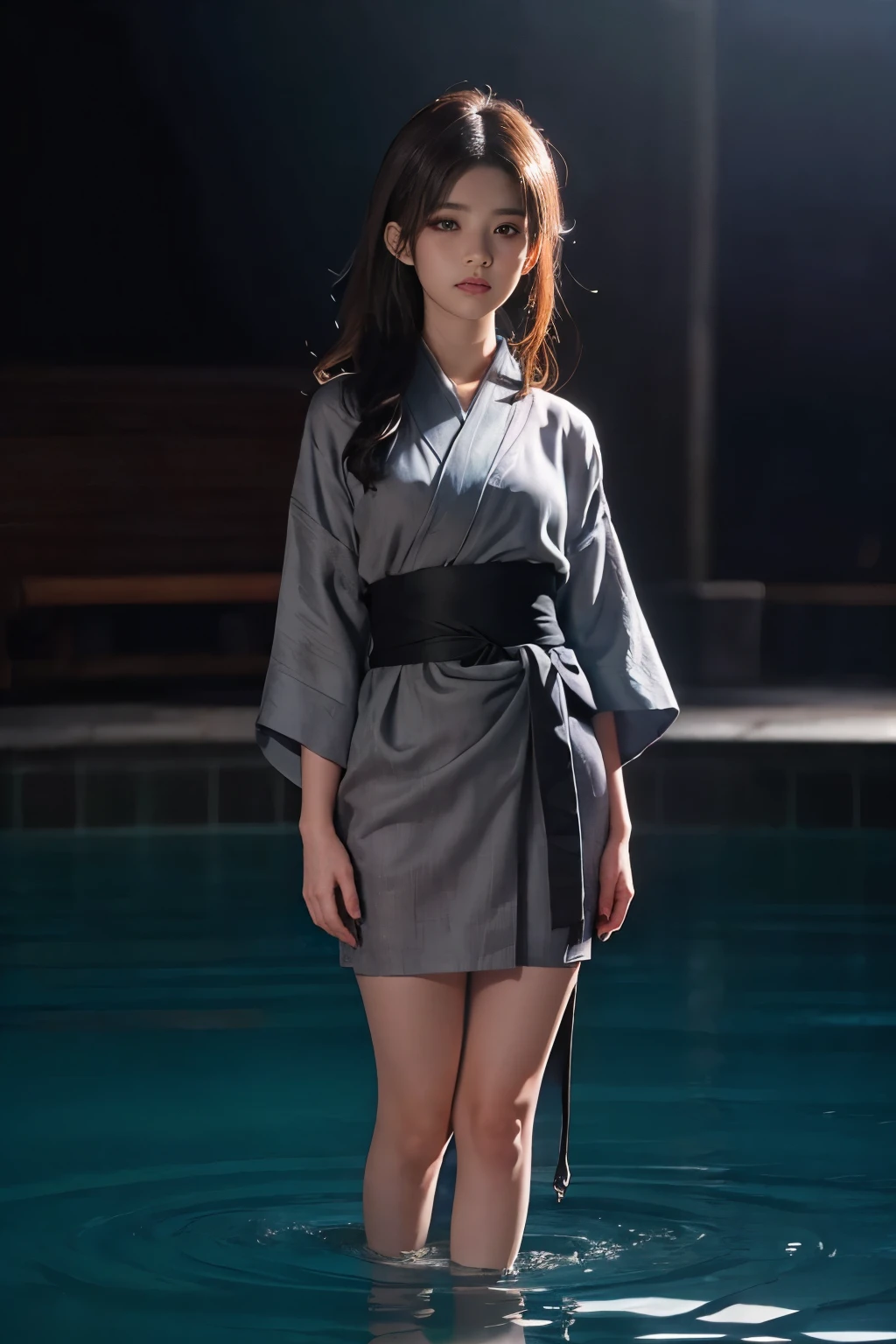 ((Best quality, 32K, Masterpiece :1.3)), Sharp focus:1.2 ， Photorealsitic，(Cinematic lighting)，Facial detail texture. Eye details, Double eyelids, Slender body,Super small breasts, , photo-realistic:1.37，Perfect eyes, ((1 girl in a gray yukata))，（white sash），(Thick fabric)，((Ragged linen))，With a  figure，brunette color hair，Long hair draped loosely，Qi bangs，Stand in a cold pool，short- sleeved，Exposing thighs，Full body like，Clothing covers the whole body，folds，((solid color backdrop))，is shy，Be red in the face