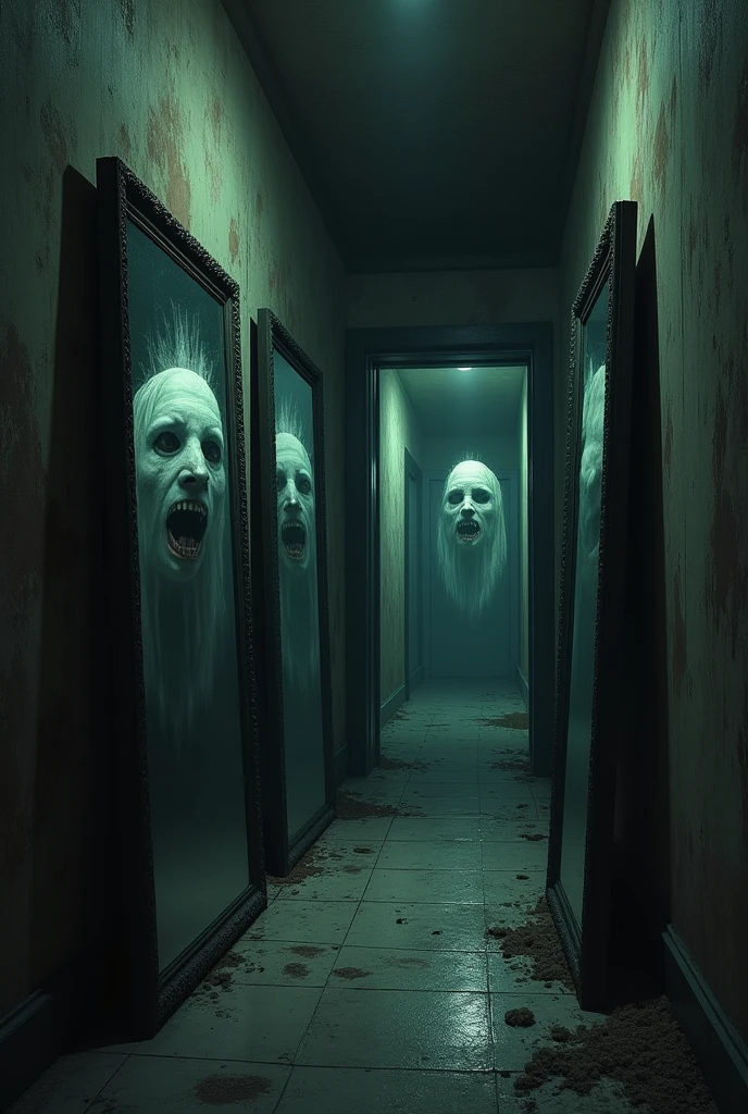 A dimly lit hallway inside the haunted house. The walls are covered in mirrors that reflect faces that are not present in the room.. The walls have stains, and the atmosphere is tense and claustrophobic, with the feeling of something watching from the shadows