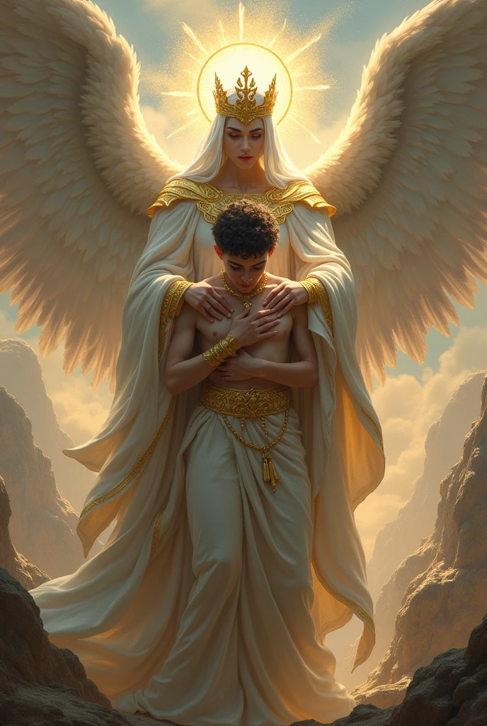 Help me create 7 different images of a god caring for or protecting a person.