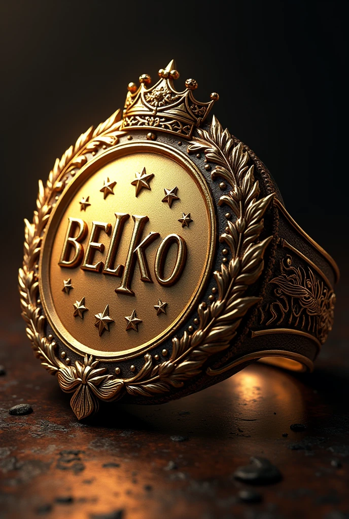 BELKO écrit en or de grande taille sur une bague inclure une couronne embellir par des plumes et des étoiles
