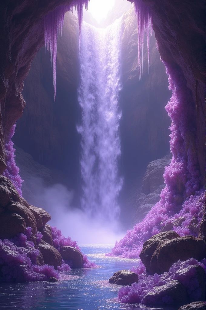 Create real image of crystal clear amethyst waterfall cave