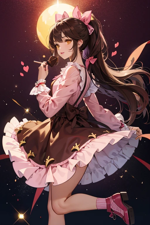 Cocolette is a dark skinned girl with yellow eyes and cherry lips. She has long, dark brown hair with bangs styled in a ponytail with pink tips to match her large, melting bow. She wears a brown dress shaped as chocolate squares with chocolate drizzle mostly covering it and the right side and a tiny blue heart on the other lower corner. Her sleeves are lined in pink to match her tights, and she wears chocolate drizzled shoes. SPARKLE; GLITTER