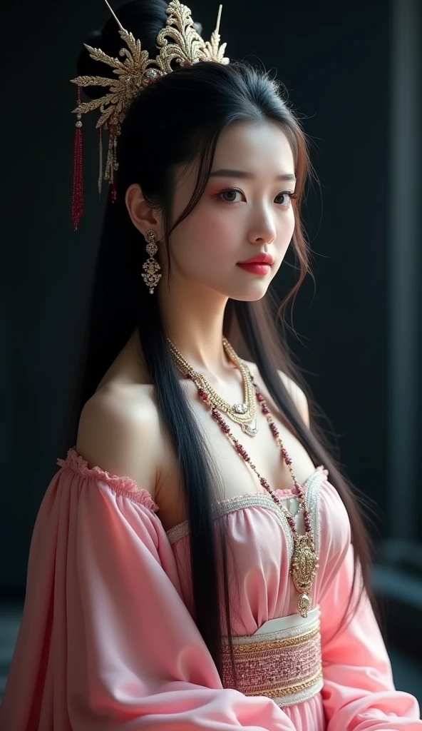 1 beautiful girl wearing ancient costumes, ((pink and light white outfit: 0.8)), Long and silky black hair, hair jewelry and necklaces, Beautiful little face Thin eyebrows, the most beautiful and spotless face, the very beautiful eyes, big round black eyes, fine and detailed makeup eyelashes, High nose, wearing earrings,Small red lips, rosy face, Enlarged and round breasts, tight breasts, breast augmentation, Slim and  body, slim waist, portrait of a beautiful girl, 8k photo, super high quality, super realistic, 10x super pixels, photo realistic, dark studio, border light, two tone light, (detailed skin) high: 1.2), 8k uhd, dslr, soft light, high quality, volumetric light, candid, Photo, high resolution, 4k quality, 8k, Bokeh, Smooth and sharp, pixel up 10 times, (background space: 1.8), (galaxy: 1.7), aurora, lightning, (Aurora Background: 1.8), upper body, alone, solo,