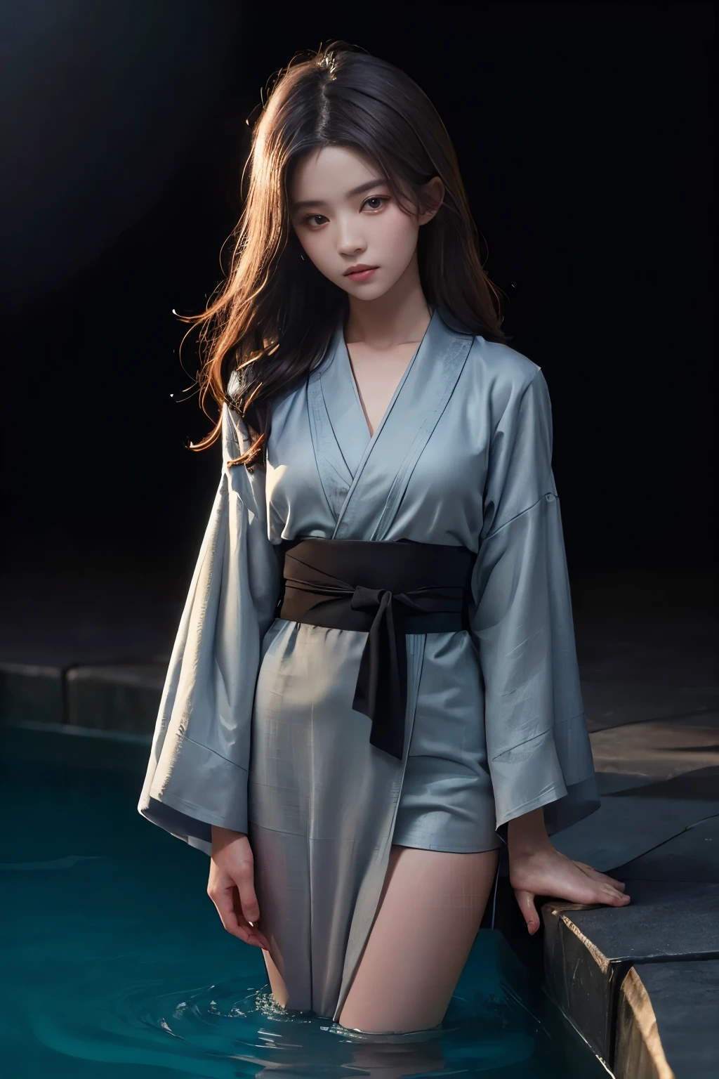 ((Best quality, 32K, Masterpiece :1.3)), Sharp focus:1.2 , Photorealsitic,(Cinematic lighting),Facial detail texture. Eye details, Double eyelids, Slender body,Super small breasts, , photo-realistic:1.37,Perfect eyes, ((1 girl in a gray yukata)),(white sash),(Thick fabric),((Ragged linen)),With a figure,brunette color hair,Long hair draped loosely,Qi bangs,Stand in a cold pool,short- sleeved,Exposing thighs,Full body like,Clothing covers the whole body,folds,((solid color backdrop)),is shy,Be red in the face
