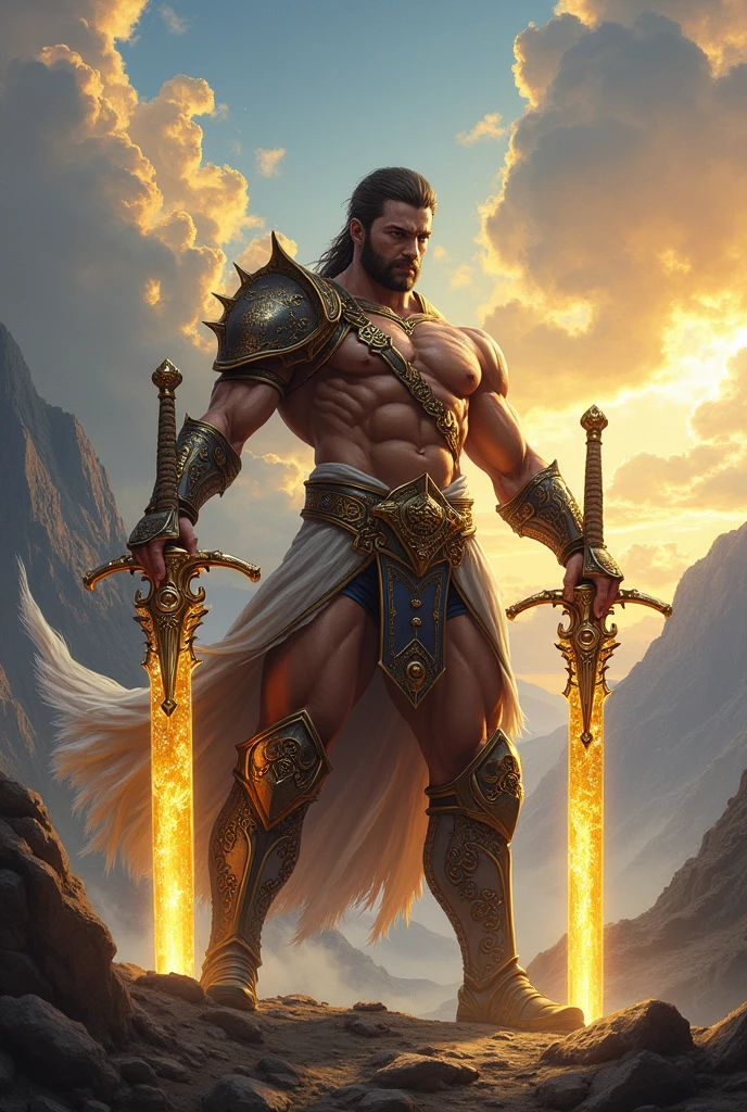 Create a warrior that uses two golden swords fantasy image