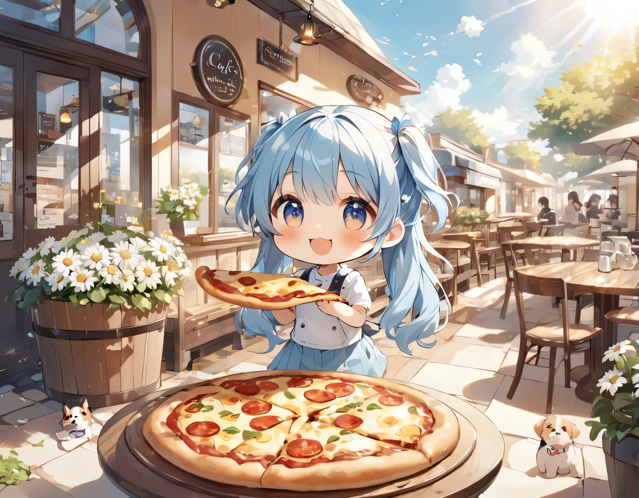 Light blue long hair、Cute chibi character with twin tails、Eating a big pizza、A deliciously beautiful smile、A bright cafe with lots of sunlight、A lot of white daisies are displayed、My dog is with me