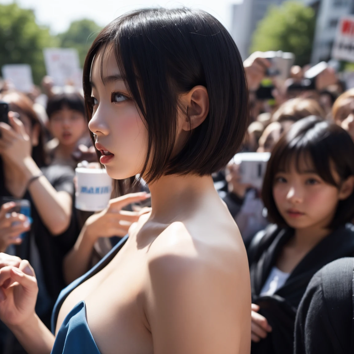The only woman was a , naked woman with short bob hair.、She had a lot of angry men、Must be fulfilled by just one person、