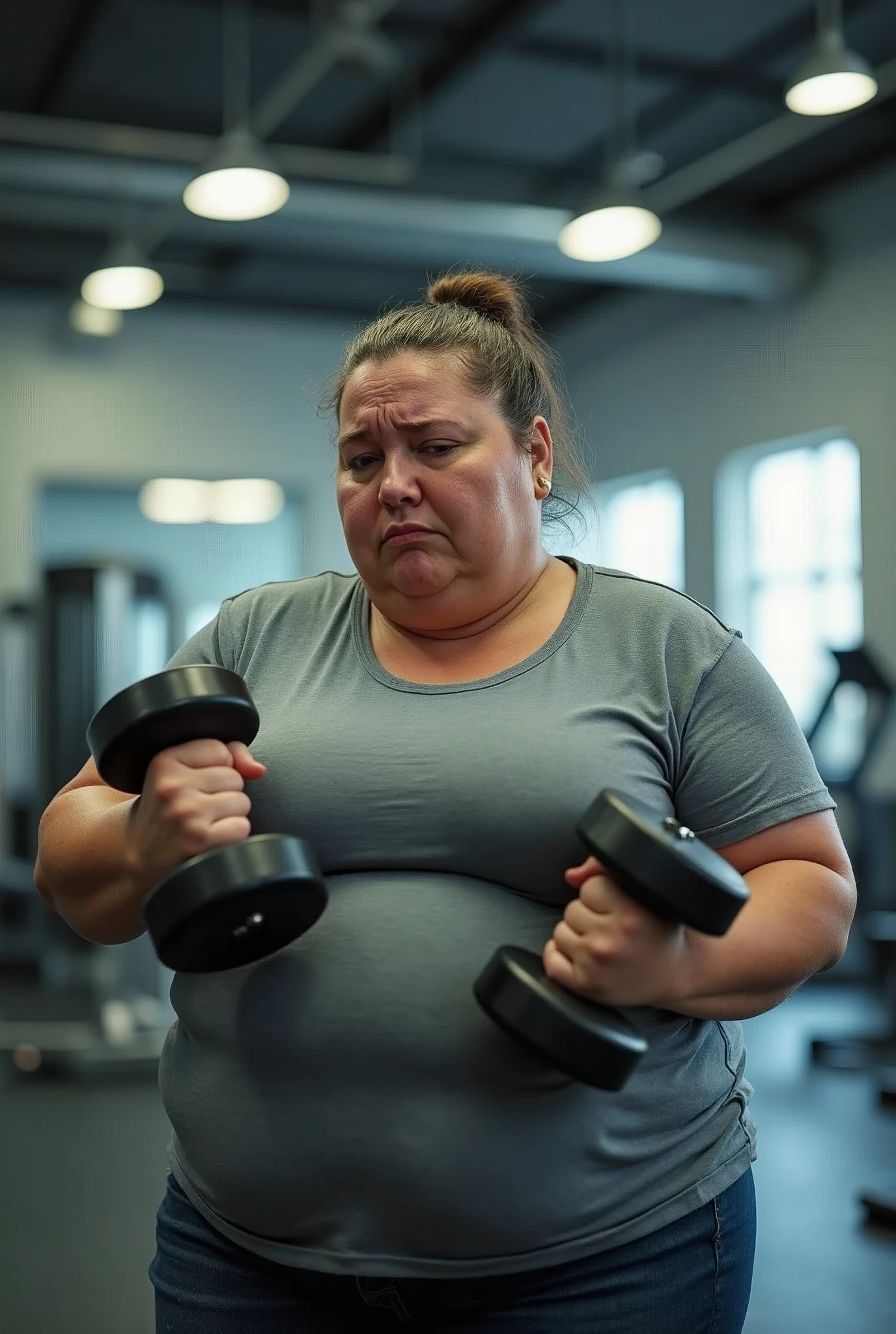 create an image of an obese woman sad about being at the gym working out and lifting weights