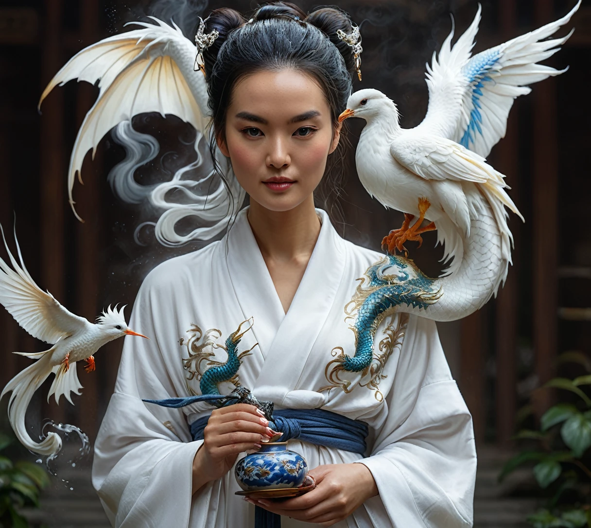 Painting of a woman in a white robe holding a white bird and a dragon