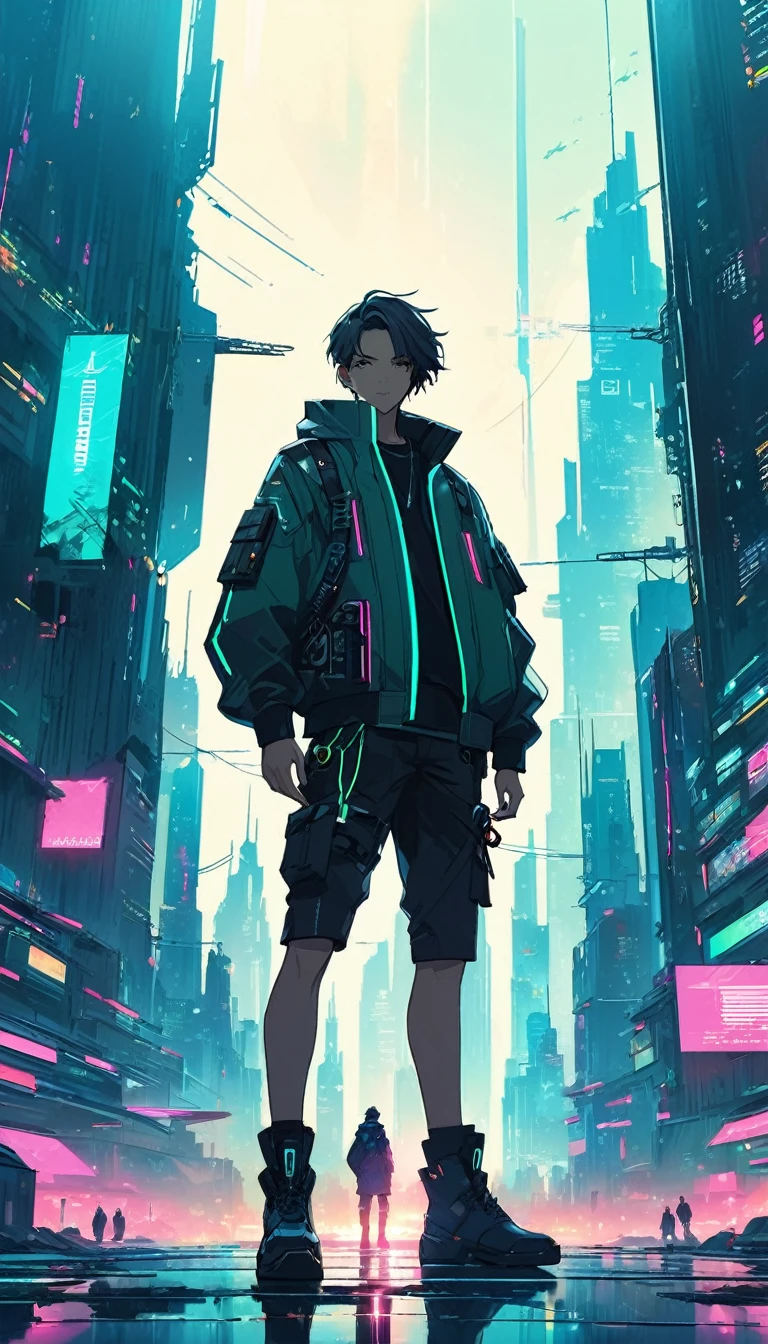 anime - style image of a man standing in front of a futuristic city, digital cyberpunk anime art, amazing wallpaper, anime art wallpaper 8 k, digital cyberpunk - anime art, makoto shinkai cyril rolando, anime style 4 k, 4k anime wallpaper, full portrait of electromancer, anime wallpaper 4k, anime wallpaper 4 k