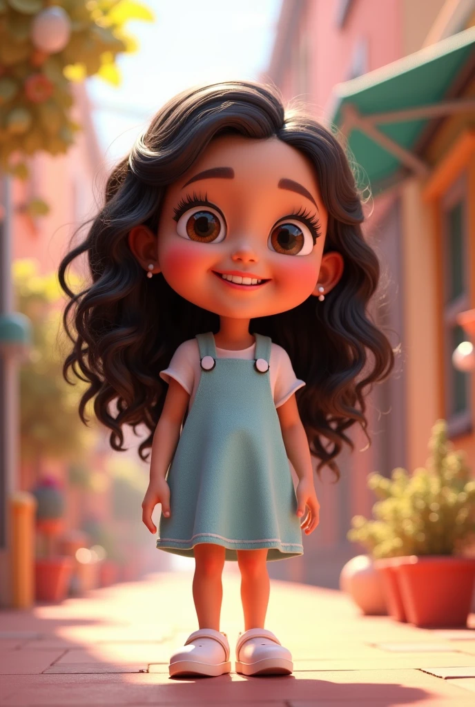 Create a 3D poster in the style of Disney PIXAR. 5 year old girl, long black curly hair, brown eyes and smiles. dress of light blue color, white shoe, (all this in the style Disney PIXAR 3D, cartoon style, POP market, soft lighting, soft lines, spring tilt, detailed illustrations of PIXAR 3D, hyper-realistic details, warm colors in the style Disney PIXAR 3D). several poses facial expressions.