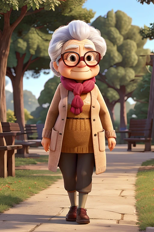 work of art, best qualityer, An old woman with glasses and a scarf, wearing leggings walking through the park