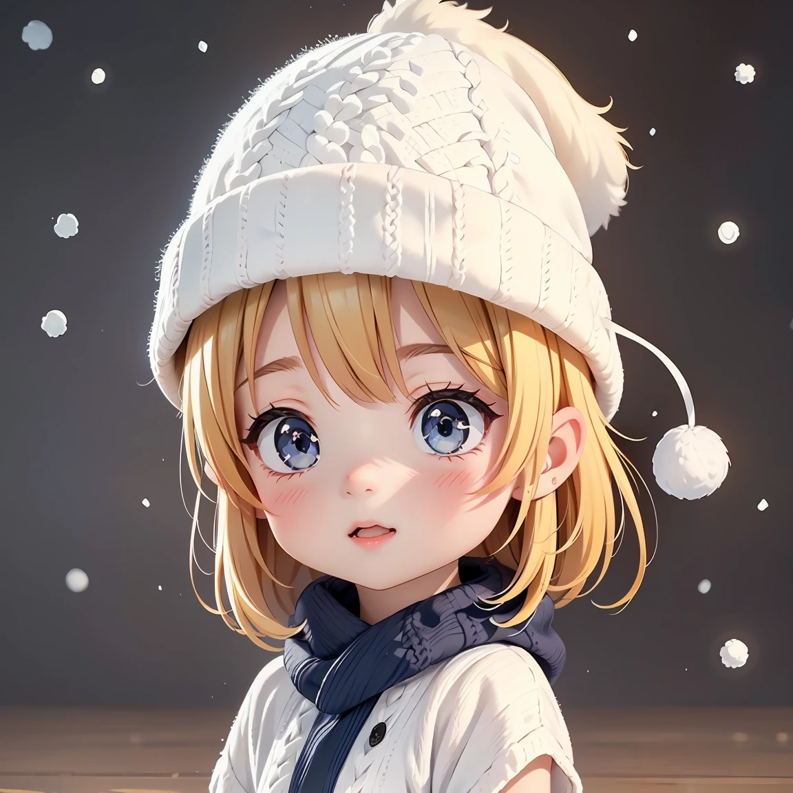 Super Chibi Character：1.8、Blonde Hair、Cute 7 year old girl、Knitted sweater、Wearing cute boots、Super Chibi Character：1.8、seems cold、snow景色、snow、Cute knitted hat、background：一面snow