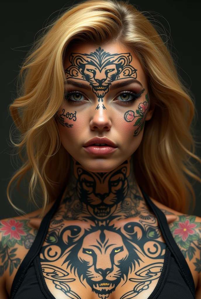 American woman with Chicano tattoos on face and body and lion Facial tattoos in text Lions are real 金髪美女