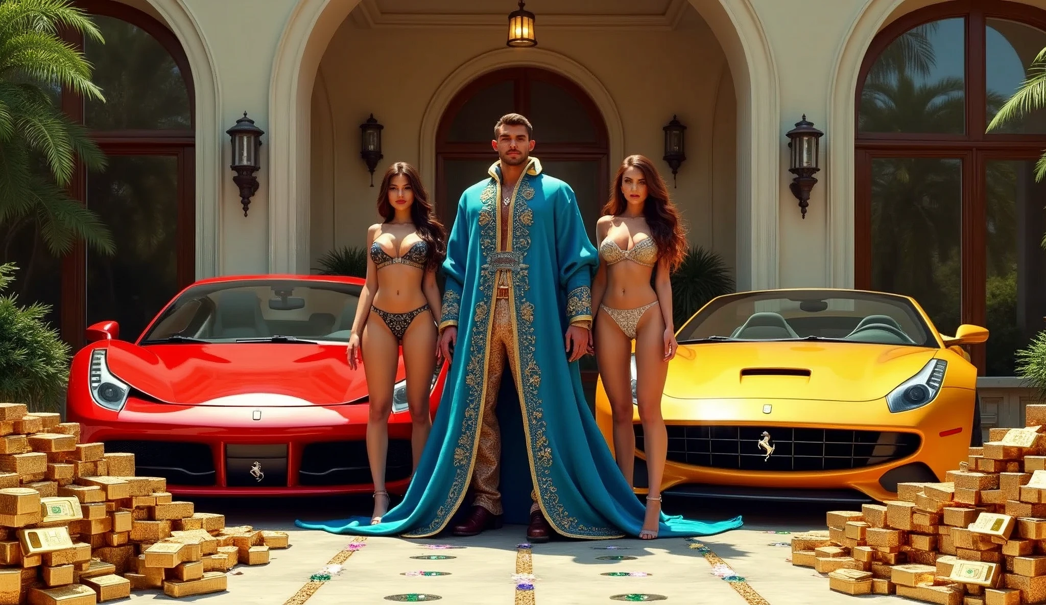 CREATE AN ULTRAREALISTIC IMAGE showing a life-size Lamborghini and a golden FERRARI, with women leaning against cars, LINDA PARKED NEXT TO GOLD BARS and dollars next to it, rubies and emeralds, convey depth, IN THE BACKGROUND A BEAUTIFUL MANSION with modern architecture, WITH 3 elegant WOMEN with sinuous curves and dressed in tight, short dresses. NEXT TO THE FERRARI A HANDSOME YOUNG WIZARD IN BLUE CLOTHES AND FULL OF JEWELS, PERFECT WIZARD HANDS WITH 5 FINGERS. Emphasize richness and sensuality