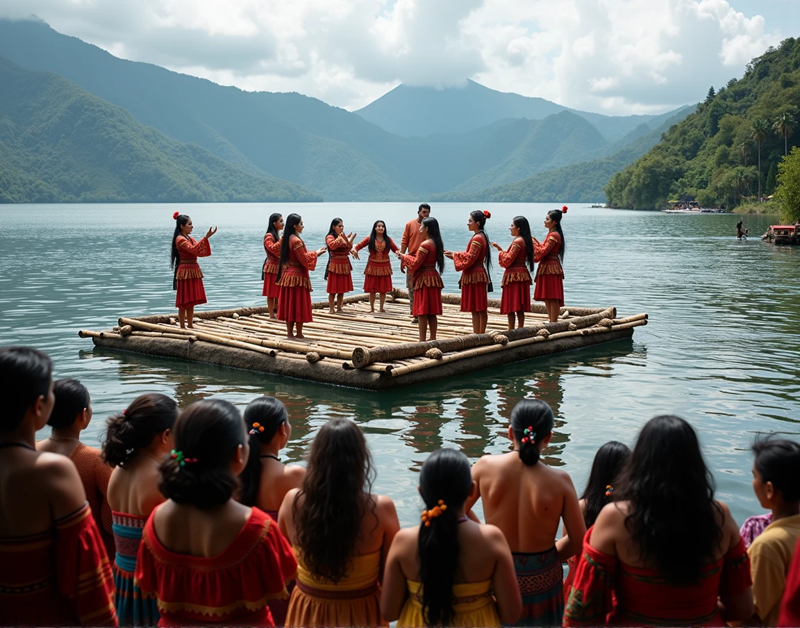 Photo d une chorale traditionnelle Maya sur une plateforme de bambou flottante sur le lac atitlan. En premier plan le public en habit Maya qui regarde a terre 
