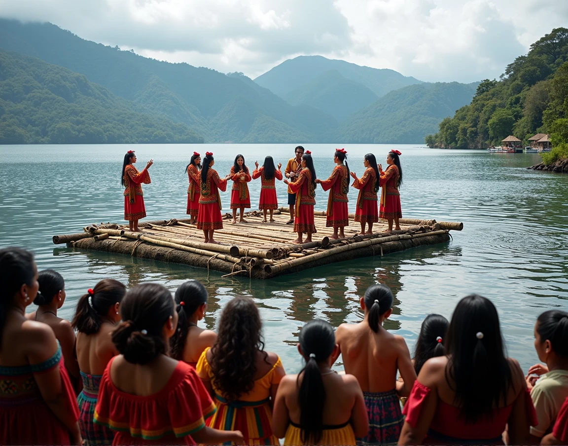 Photo d une chorale traditionnelle Maya sur une plateforme de bambou flottante sur le lac atitlan. En premier plan le public en habit Maya qui regarde a terre