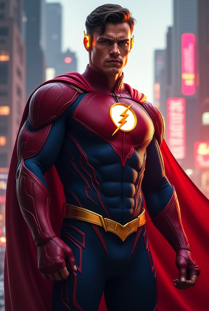 The son of Flash and Supergirl, adult, with a fused suit of both superheroes, and with a cape