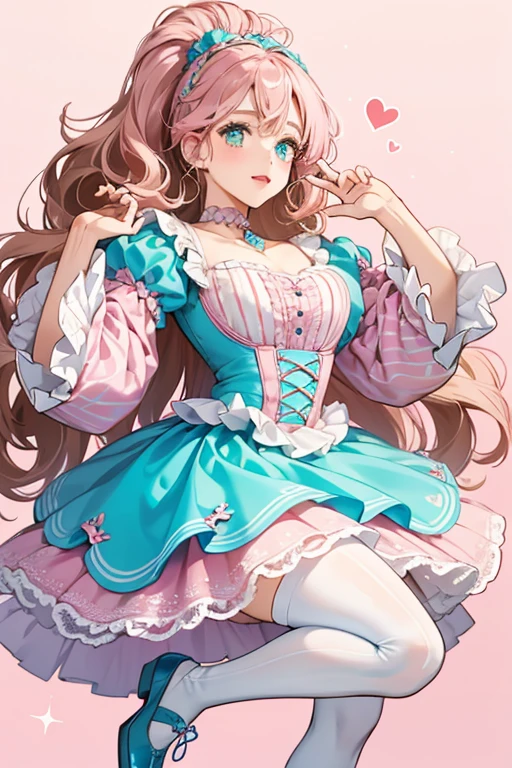 Her hair is split into three colors resembling Neapolitan ice cream, coming in dark brown, pale brown, and light pink, worn in several large curls that hang loose. Her lipstick is pearl pink. She wears a glittery turquoise melting bow on a headband with a white heart in the middle. Her top resembles her original but with a glittery turquoise drizzle collar. Her skirt is blue and white striped on top with a drizzle, the lower half is light pink with a chocolate pattern and brown lace trim. She wears white tights and blue shoes with a light pink drizzle on the foot and a turquoise drizzle around the ankle. SPARKLE; GLITTER
