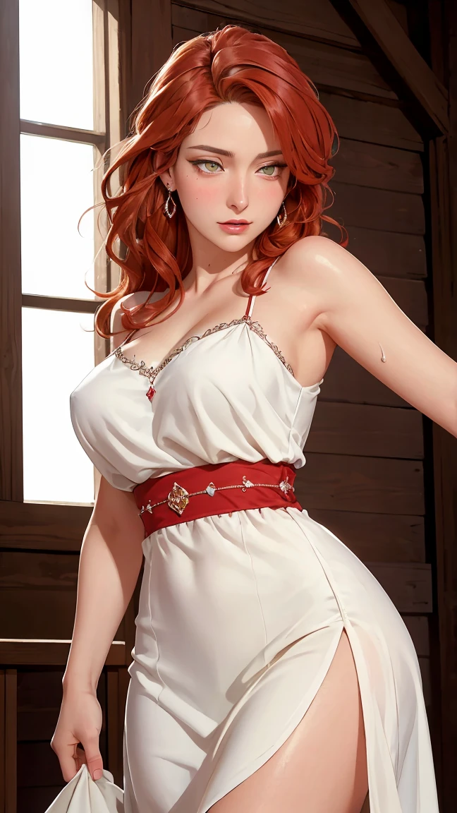 ((((masterpiece, best quality, high resolution)))), Extremely detailed 8K, Beautiful girl with voluptuous body, (Ultra HD, Ultra-detailed, Highly detailed, Highly realistic, Ultra-realistic, photograph realistic), (1girl:1.5), (Realistic red hair), (long wavy hair, hair ornaments, earrings), (dynamic poses), facing at camera, looking at viewer, (blushing red, rolling eyes, ahg), (hazel eyes, sharp eyes), (big perky breasts:1.2), (beautiful detailed face, beautiful detailed eyes), ((revealing medieval queen dress)), (standing up), sweat, glow, (sunbeam, sunlight), ((cowboy shot)), bedroom