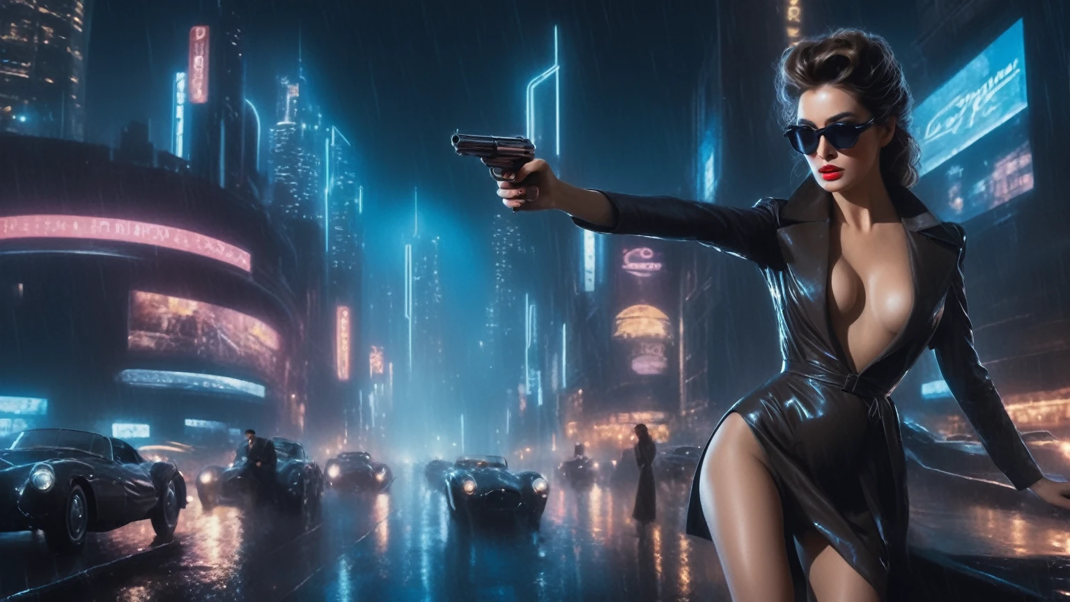 (Hyper-realistic photograph:1.4), Captivating scene under the rain at night on a rooftop, year 1937 cars on street, flying cars, a sexy slim woman, large breast cleavage, with short brown hair, three-quarters view, Black trench coat, (black sunglasses, holding a short gun), with a dark rainy city landscape in background, blue eyes, photography style, (half-body shot:1.3), (contemplative expression:1.2),(well-lit:1.2) Extremely Realistic, serendipity art, (sharp focus:1.3), intricate details, highly detailed, by God himself, original shot, masterpiece, detailed and intricate, Movie Still, guttojugg1