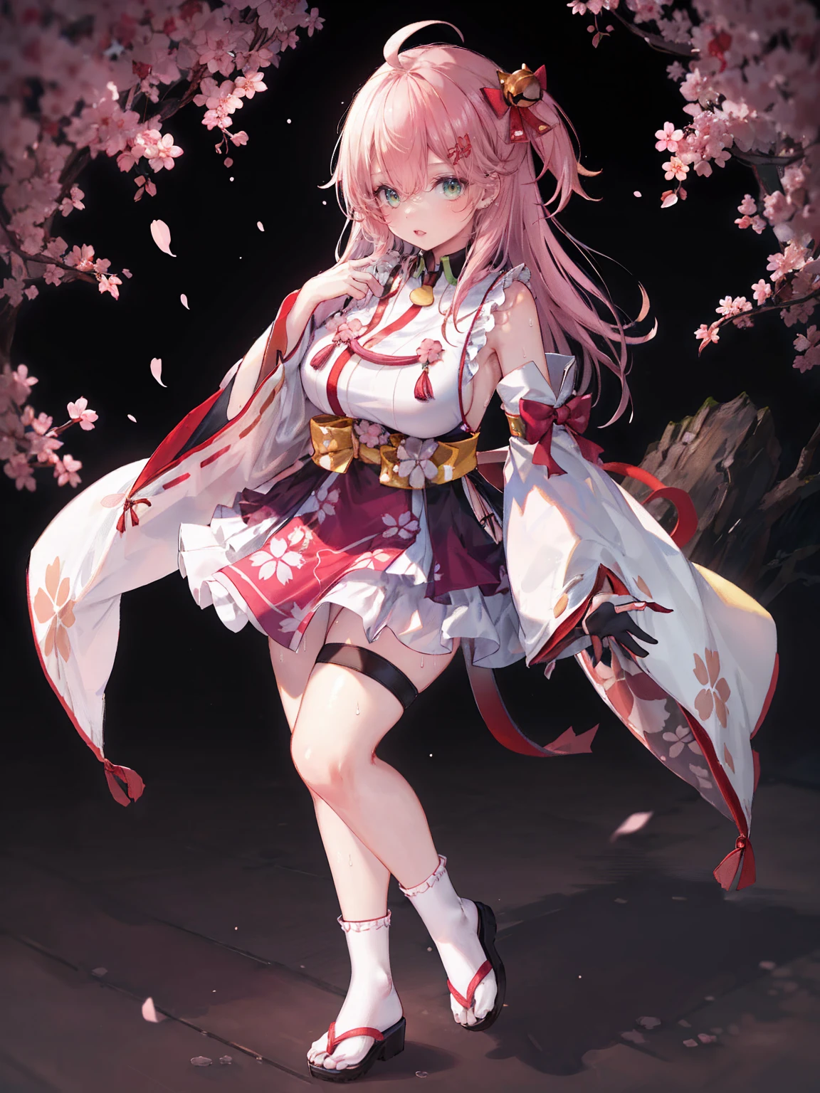 Fisheye Lens、(((Full body description)))、handを振って、Super huge breasts、Plump thighs、Sweat it out、カメラeye線、Embarrassed、masterpiece, Highest quality, High resolution, Shrine maiden1, cherry blossoms_Shrine maiden, One person, big_tits, alone, Ahoge, Vatu_hair_ornament, pink_hair, Floral print, hairclip,(~ side_fewer_Clothes:1.5), (~ side_tits:1.5), hair_Bell, Floral print, length_hair, hair between eye, one ~ side up, White knee socks, asymmetrical footwear, wide sleeve, Open_mouth,(Happy:1.3),green_eye,big_smile,(rise_foot:1.3),Plump,Away_foots,(excessively_length_sleeve:1.3),),sleeve_past_hand首,hand_hidden_sleeve,~ sidelock_Clothes,dynamic_Pause,alone,hidden_hand首,(LOL:1.4),Covered_Nipples,sunlight,Cherry Blossom_background,