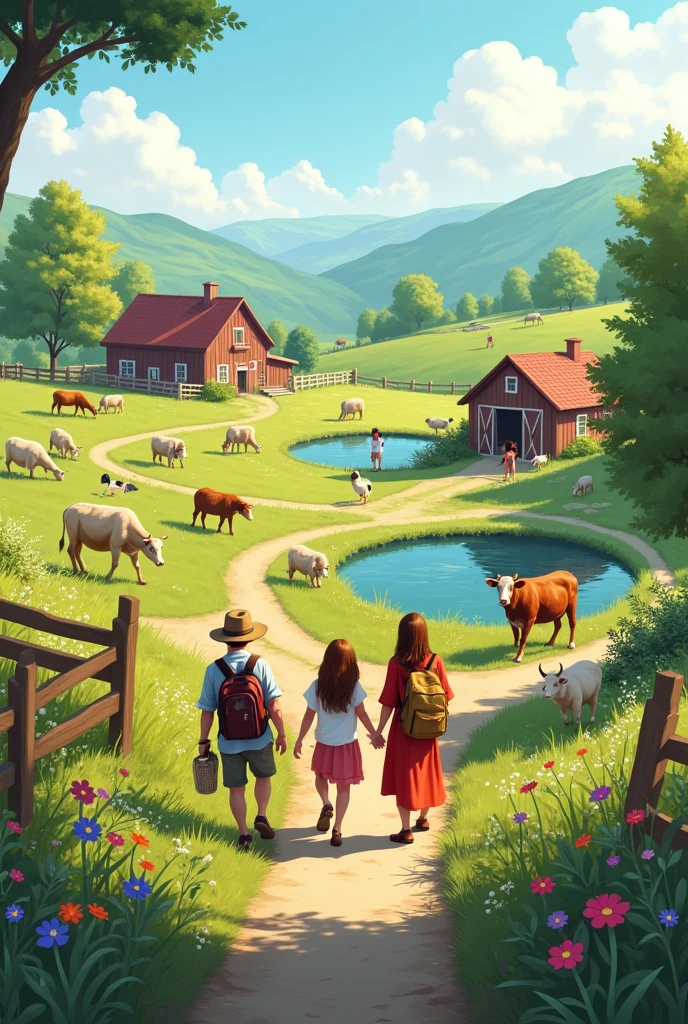 A tourist company with several adults visiting a small farm with animals and lakes