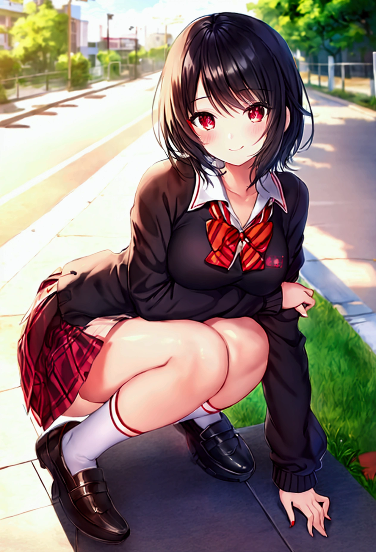 Anime Style, Super precise illustration, Very detailed, beautiful, 8k,1 cute girl,(cute:1.3),Black Hair,short straight bangs, smile,Red eyes, stylish, Trendy clothes,(Spotted sunlight:1.2),Blurred,(Written boundary depth:1.1),Tilt your head,mini skirt,{school uniform},(whole body:1.3),Squat