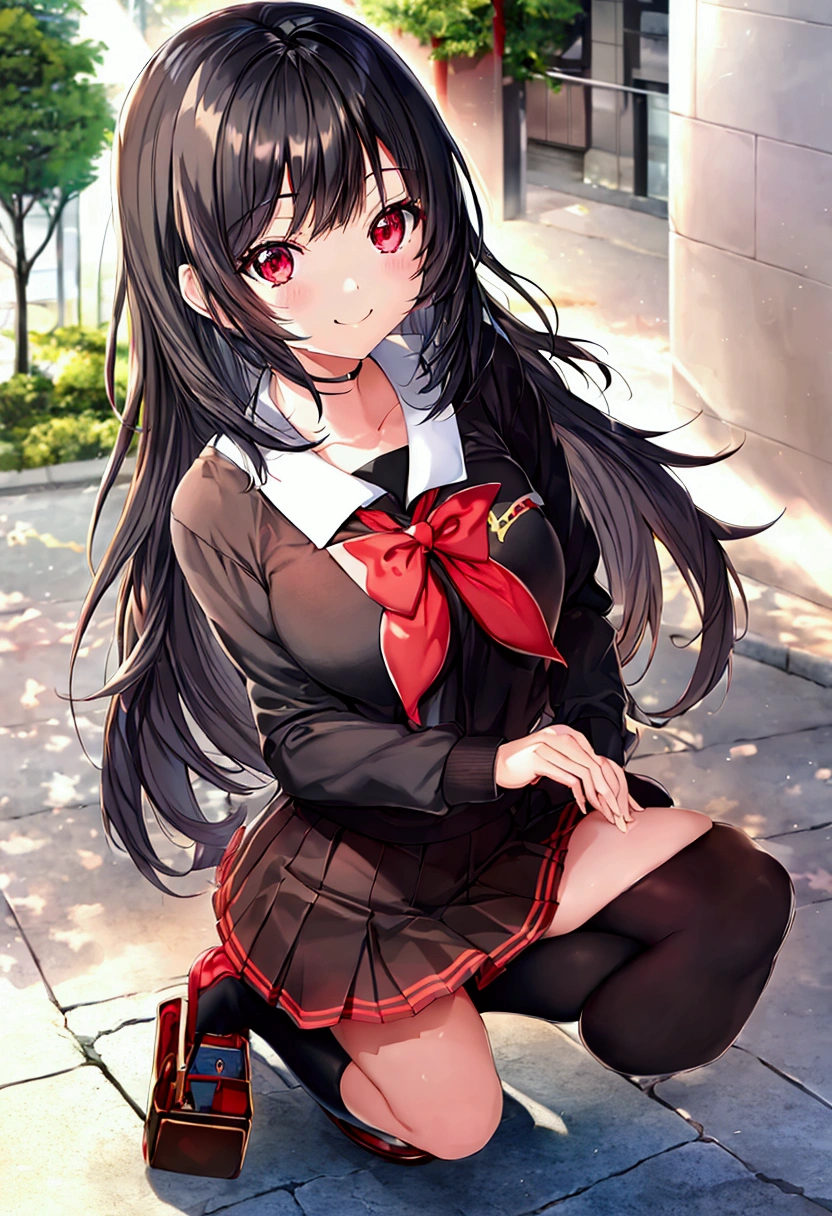 Anime Style, Super precise illustration, Very detailed, beautiful, 8k,1 cute girl,(cute:1.3),Black Hair,short straight bangs, smile,Red eyes, stylish, Trendy clothes,(Spotted sunlight:1.2),Blurred,(Written boundary depth:1.1),Tilt your head,mini skirt,{school uniform},(whole body:1.3),Squat