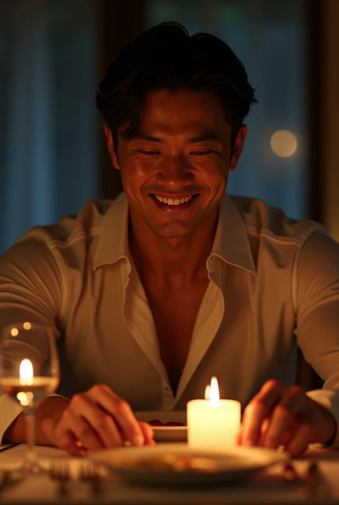 photorealistic, best quality, masterpiece, extremely detailed, masculine, sexy, homoerotic, extremely handsome, 30 year old japanese man, muscular build, big smile, topless, setting the table, candlelit dinner, in dining room, at midnight, cinematic shadows, dreamy atmosphere, perfect face, perfect fingers, perfect hands, perfection