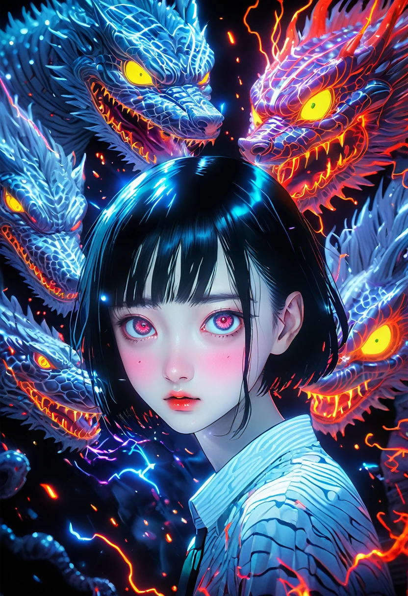 surreal horror, anime style, directed by Junji Ito, high contrast, vivid colors, eerie atmosphere, psychological tension, intricate line work, nightmarish creatures